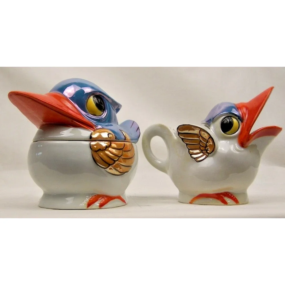 Vintage Takito Japan Lusterware Duck Creamer Sugar Bowl Set Kookaburra Big Mouth